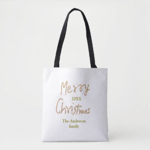 Golden glitter merry christmas add family name yea tote bag