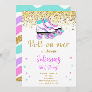 Golden Glitter Roller Skate Birthday Invitation
