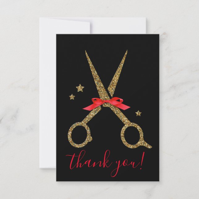 Golden glitter scissors - Trendy Modern black Than Thank You Card (Front)