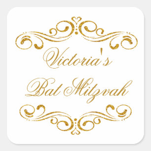 Golden glitter scrolls Bat Mitzvah Logo Square Sticker