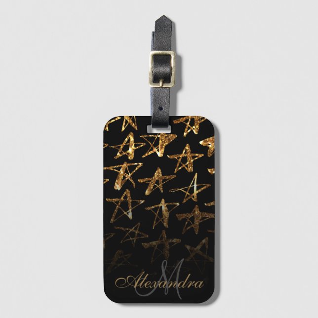 Golden Glitter Stars Luggage Tag (Front Vertical)