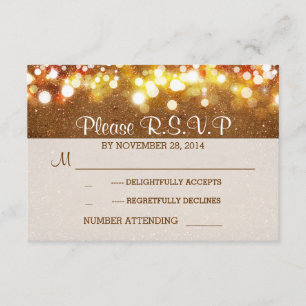 golden glitter string lights romantic wedding RSVP Card