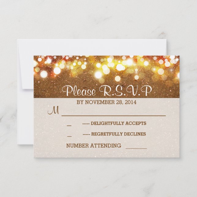 golden glitter string lights romantic wedding RSVP Card (Front)