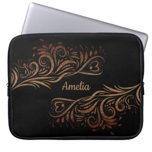 Golden glitter swirls doodle elements romantic flo laptop sleeve