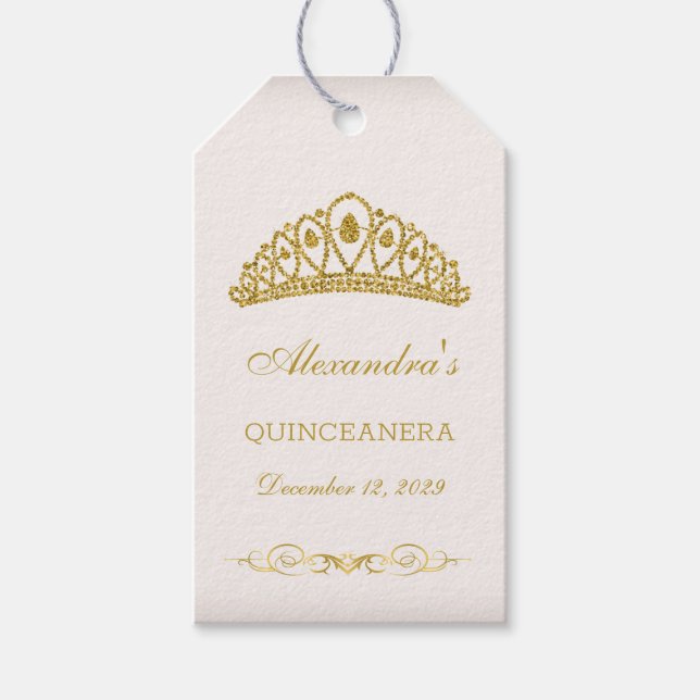 Golden glitter Tiara Quinceanera Gift Tags (Front)