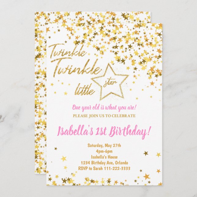 Golden Glitter Twinkle Little Star Birthday Invite (Front/Back)