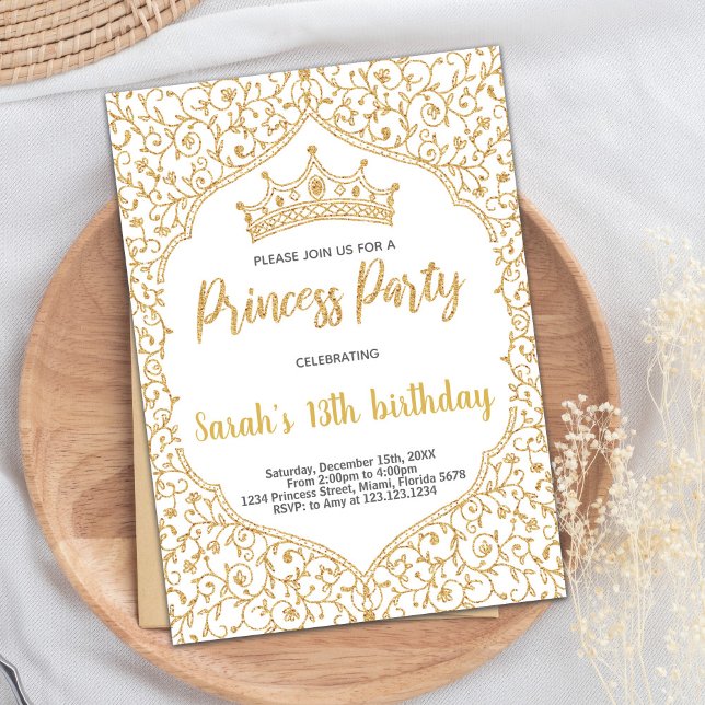 Golden Glitter White Princess Birthday Invitation (Golden Glitter White Princess Birthday Invitation)