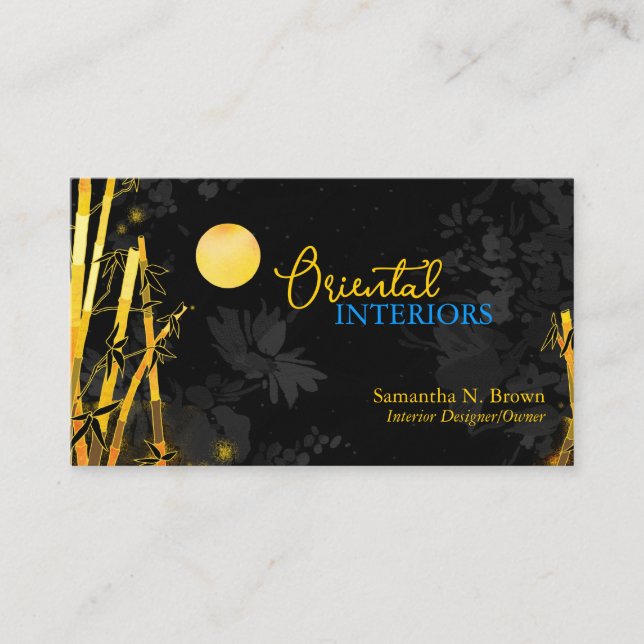 Golden Glittering Bamboos Black Business Card (Front)