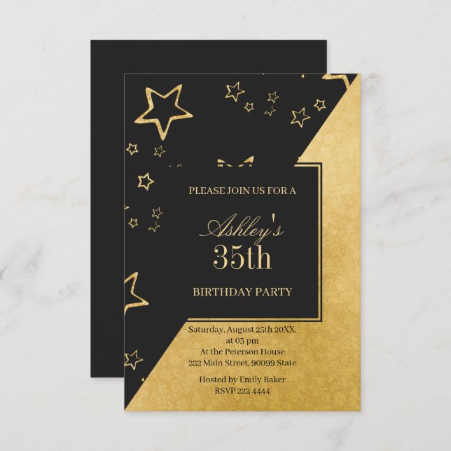 Golden Glittering Stars Birthday Invitation (Front/Back)