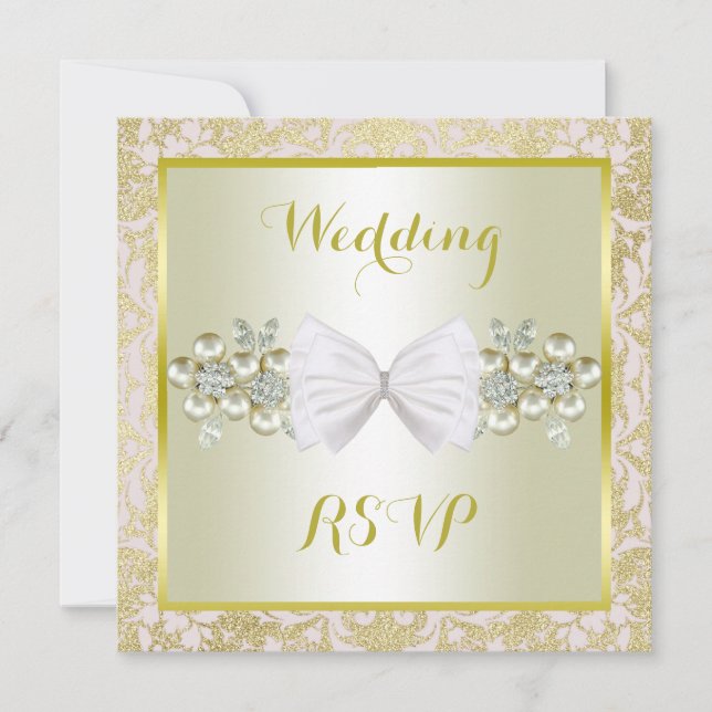 Golden Glitters, Diamond Floral Gems & Bow RSVP (Front)