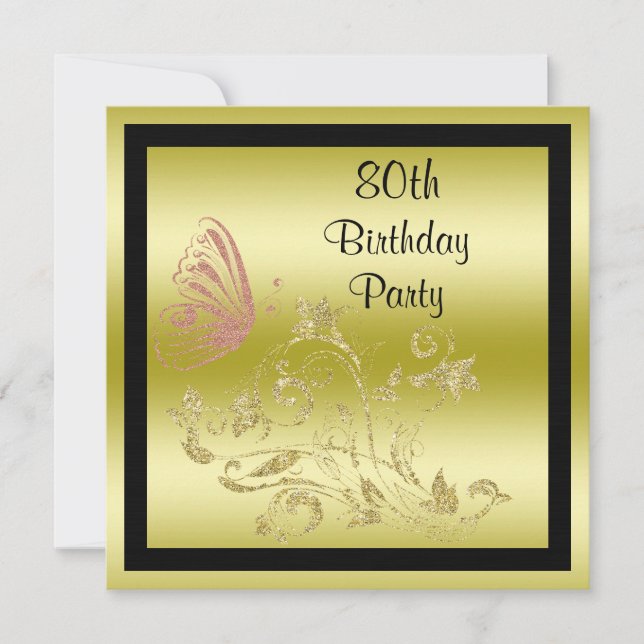 Golden Glitters & Sparkly Butterfly 80th Birthday Invitation (Front)