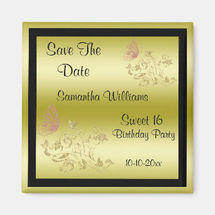 Golden Glitters & Sparkly Butterfly Sweet 16 Magnet