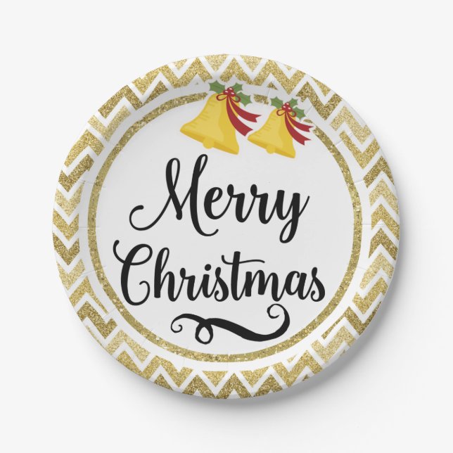 Golden Glittery Bells Festive Merry Christmas Paper Plate (Front)