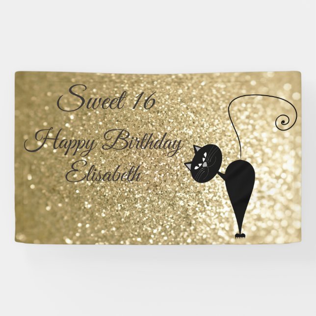 Golden glittery funny whimsical cat sweet 16 party banner (Horizontal)