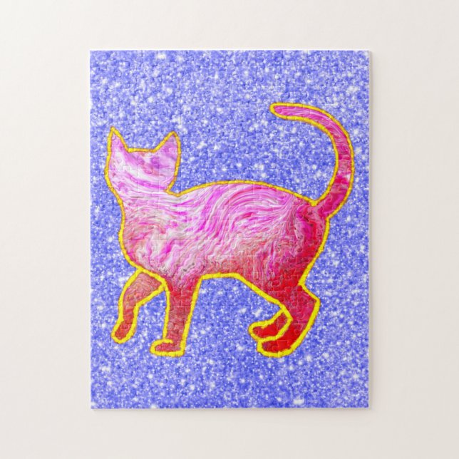Golden Glittery lined Pink Cat Abstract Jigsaw Puzzle (Vertical)