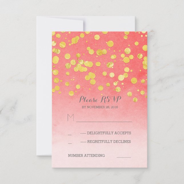 golden glitz pink coral wedding RSVP cards (Front)