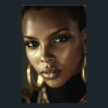Golden Glow Melanin Fierce Portrait Photo Print<br><div class="desc">Golden-bronze light sculpts flawless deep brown skin, highlighting razor-sharp cheekbones, glossy lips, and piercing eyes framed by smoky glitter shadow. A sleek short natural cut and massive gold hoop earrings add bold luxury against a deep black background. The intense close-up exudes fierce confidence, unapologetic melanin beauty, cultural pride, regal power,...</div>