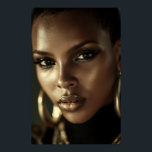 Golden Glow Melanin Fierce Portrait Poster<br><div class="desc">Golden-bronze light sculpts flawless deep brown skin, highlighting razor-sharp cheekbones, glossy lips, and piercing eyes framed by smoky glitter shadow. A sleek short natural cut and massive gold hoop earrings add bold luxury against a deep black background. The intense close-up exudes fierce confidence, unapologetic melanin beauty, cultural pride, regal power,...</div>
