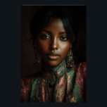 Golden Glow Melanin Regal Headscarf Portrait Poster<br><div class="desc">Golden light caresses rich brown skin, illuminating sharp cheekbones, glossy lips, and intense dark eyes beneath a luxurious emerald-magenta-gold paisley headscarf. Elaborate antique gold earrings with dangling gems frame her face, while the high-neck embroidered garment in jewel tones adds regal texture and depth. The intimate close-up against a moody dark...</div>