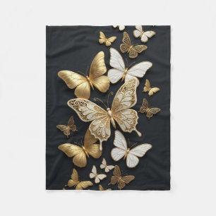 Golden Glowing Butterflies On Black Background Lux Fleece Blanket