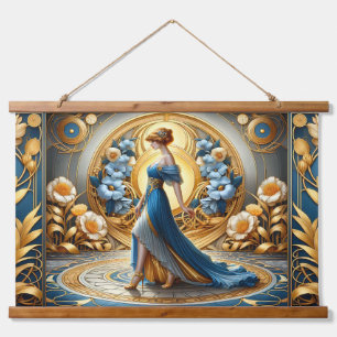 Golden Goddess in Art Nouveau Bloom Hanging Tapestry
