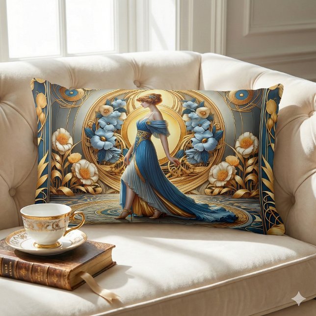 Golden Goddess in Art Nouveau Bloom Lumbar Cushion (Golden Goddess in Art Nouveau Bloom Lumbar Pillow Mockup A)