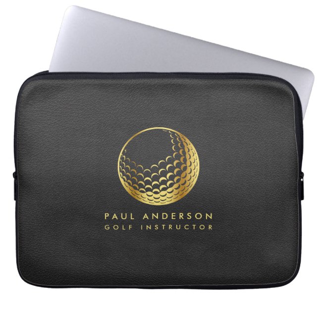 Golden Golf Ball Logo Elegant Golfer Monogram Laptop Sleeve (Front)