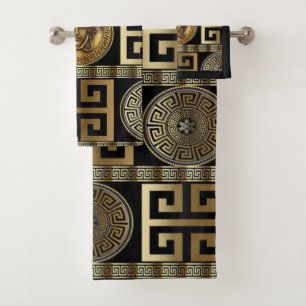 Golden Gorgon "Medusa" with Greek Key Geometric Bath Towel Set