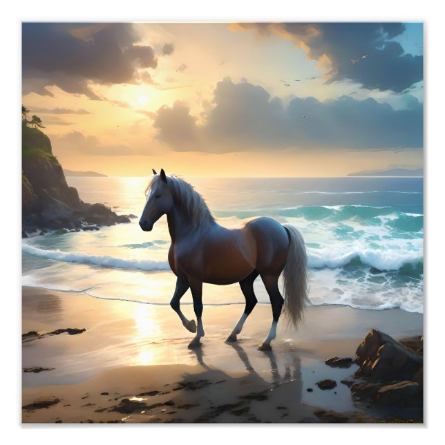 Golden Grace: A Palomino Horse on the Sunset Shore Photo Print (Front)