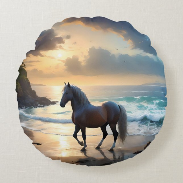 Golden Grace: A Palomino Horse on the Sunset Shore Round Cushion (Front)