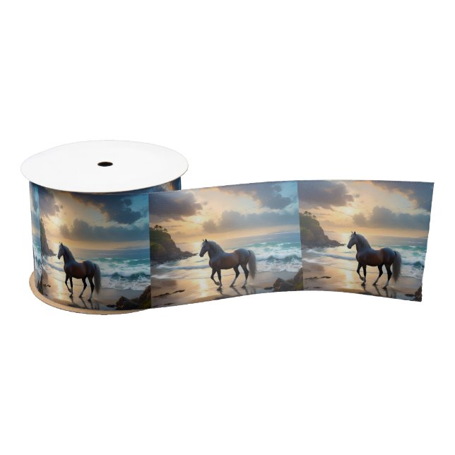 Golden Grace: A Palomino Horse on the Sunset Shore Satin Ribbon (Spool)