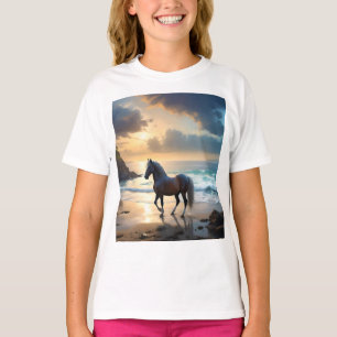 Golden Grace: A Palomino Horse on the Sunset Shore T-Shirt
