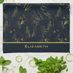 Golden gradient floral pattern personalised name  tea towel