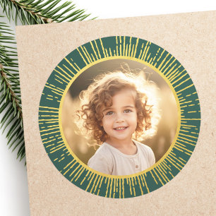 Golden gradient sunburst photo Christmas green Classic Round Sticker