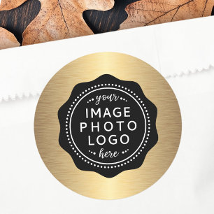 Golden gradient wavy border black business logo classic round sticker