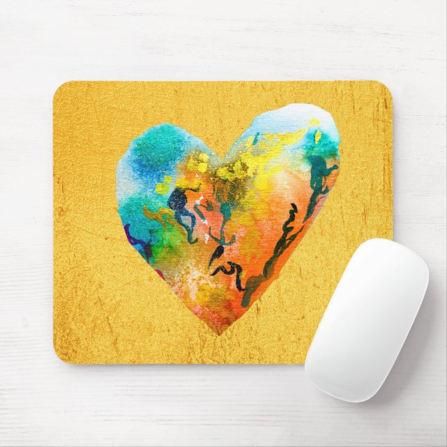 Golden graffiti heart watercolor art mouse pad (With Mouse)