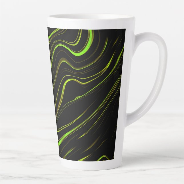 Golden grass, wavy green long traces on black fund latte mug (Right)