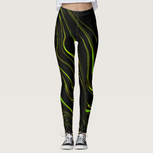 Golden grass, wavy green long traces on black fund leggings