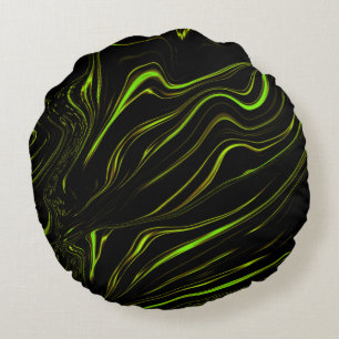 Golden grass, wavy green long traces on black fund round cushion