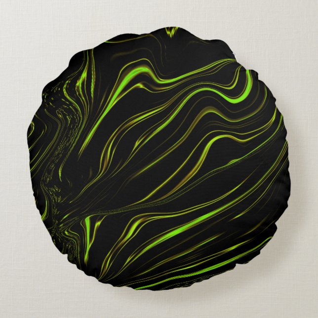 Golden grass, wavy green long traces on black fund round cushion (Back)
