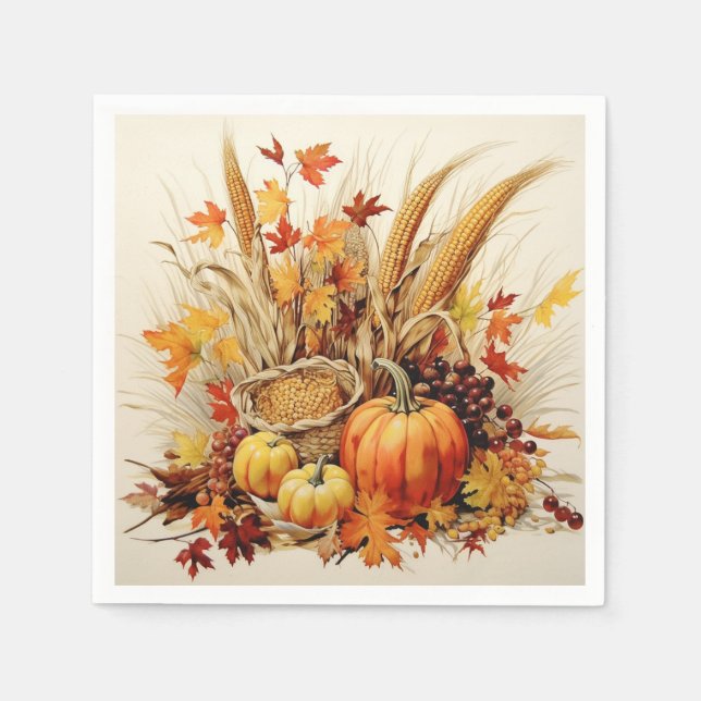 Golden Gratitude Medley: Foliage and Florals Napkin (Front)