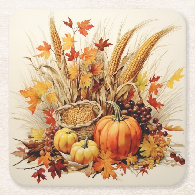 Golden Gratitude Medley: Foliage and Florals Square Paper Coaster (Front)