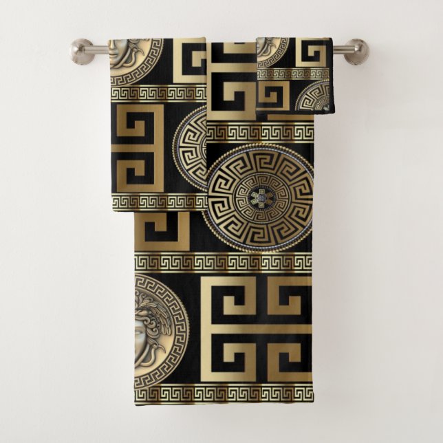 Golden Greek Medusa and Key of Life Bath Towel Set (Insitu)