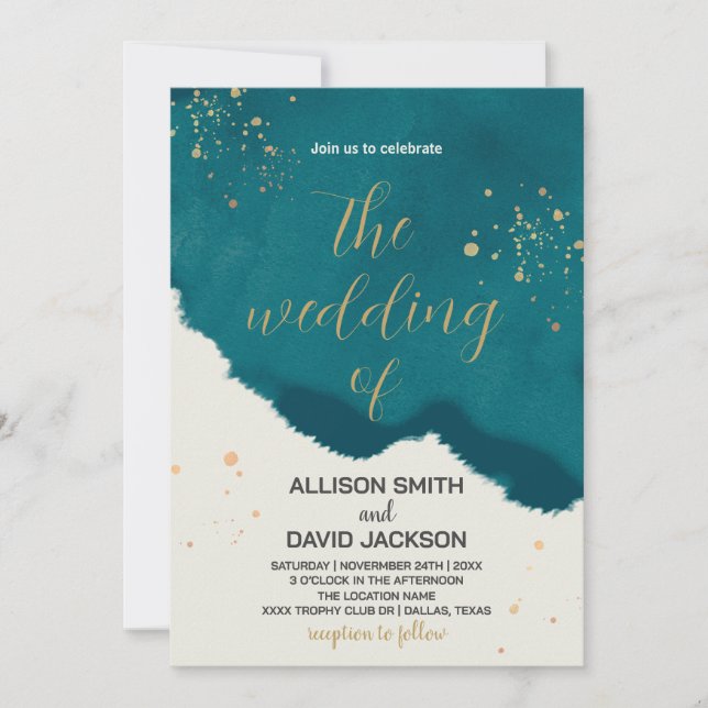 Golden Green Art Wedding Invitations (Front)