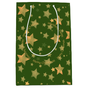 Golden Green Christmas Stars Elegant Chic    Medium Gift Bag