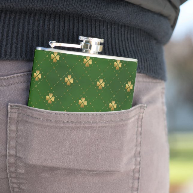 Golden Green Clover Pattern Hip Flask (In Situ)
