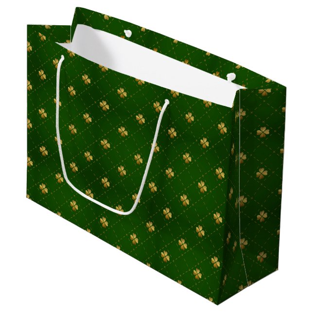 Golden Green Clover Pattern Large Gift Bag (Front Angled)