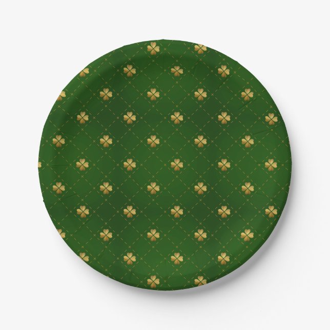 Golden Green Clover Pattern Paper Plate (Front)