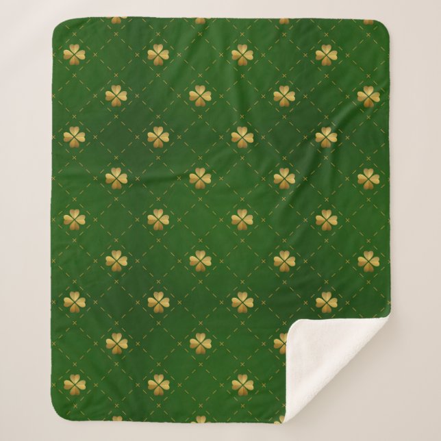 Golden Green Clover Pattern Sherpa Blanket (Front)