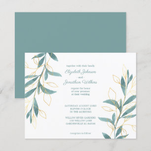 Golden Green Floral Watercolor Wedding Invitation